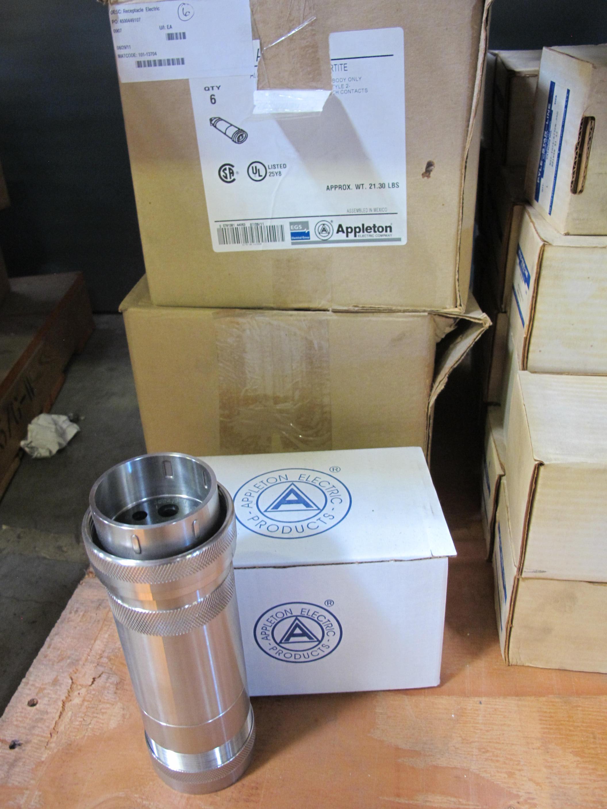 LOT TO INCLUDE: (17) CONNECTORS, ELECTRICAL TYPE, 10 CONDUCTOR, CIRCULAR PLUG KIND, (15) CONNECTORS, ELECTRICAL TYPE. PART NO ZZM-242053-WO-1116-621 PN, (12) RECEPTACLES, ELECTRICAL TYPE, 3 WIRE, 600VAC/250VDC 60A 4 POLE ELEC RATING, CLAMP RING PLUG, HAZARDOUS DUTY KIND. LOADING & HANDLING FEE $15-4145